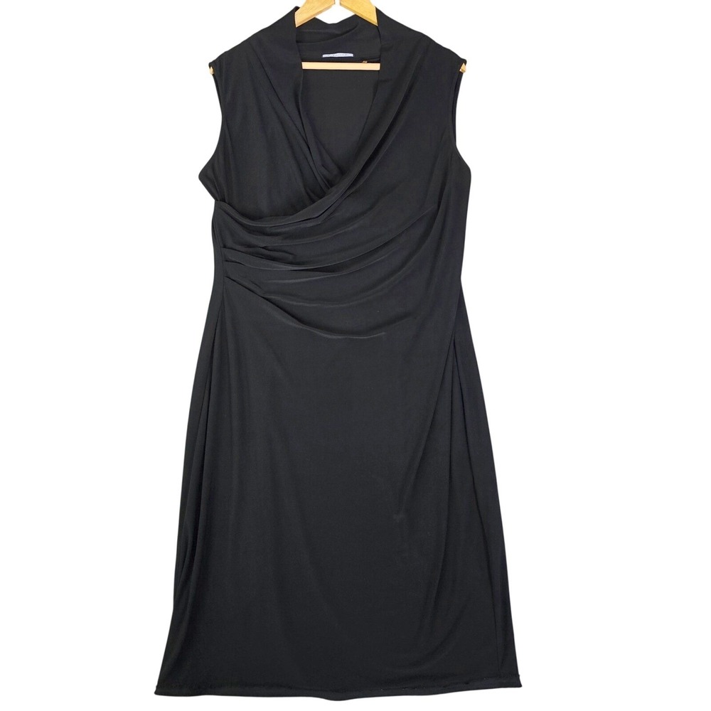 T Tahari  Size L Black Sleeveless Ruched Surplice Sheath Dress Eyelash Hem